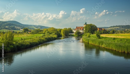 Russian river view in a small town during summer, highlighting outdoor scenery and waterway