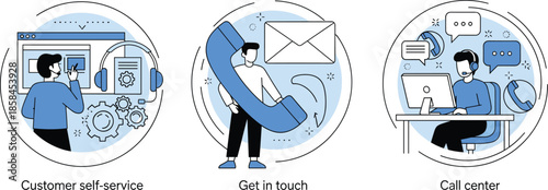 Customer service and support concept set with self service get in touch and call center illustrationsCustomer service and support concept set with self service get in touch and call center illustratio