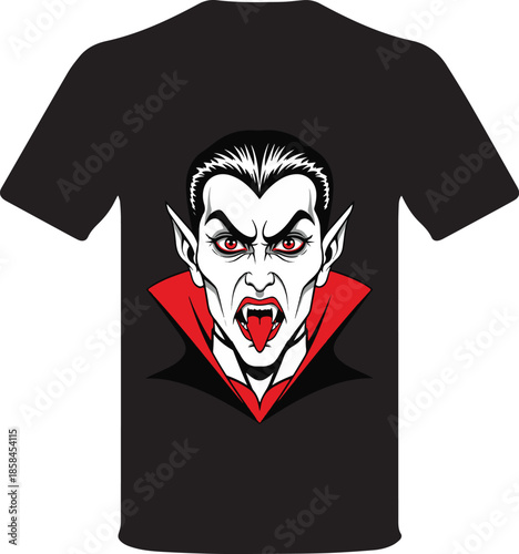 Of a fierce vampire face with sharp fangs red eyes and a black cape collar on a black t-shirt mockup