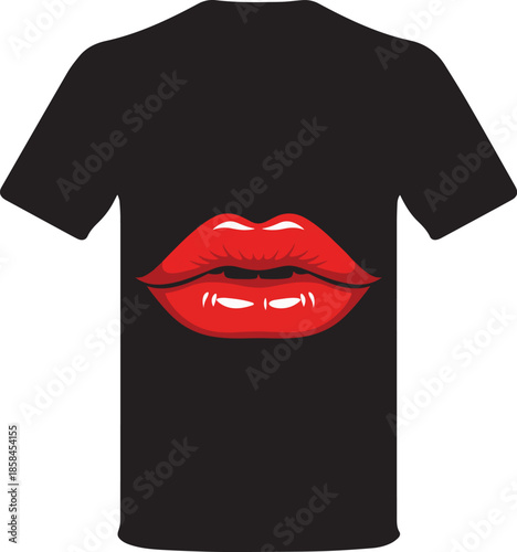 Realistic of luscious red lips with glossy texture and highlights on a black t-shirt mockup mouth lipstick