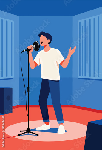 A stylized figure stands at a microphone on a brightly lit stage in a room