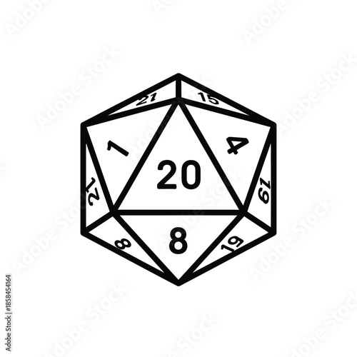 a black and white illustration depicts a twenty sided die with numbers prominently displayed on each face representing a roleplaying game