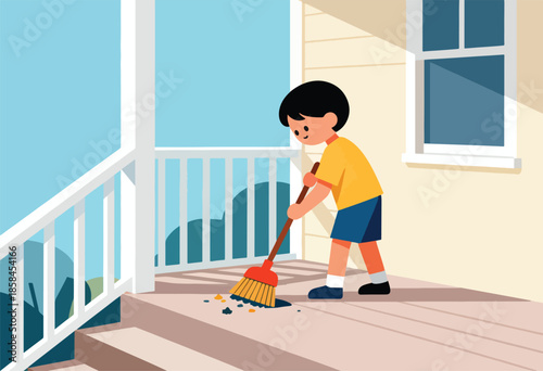 Boy sweeps debris from a porch with a broom