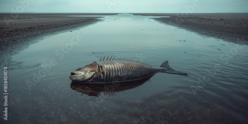 Oily shoreline featuring a sizable fish carcass, marine debris and pollution hazards