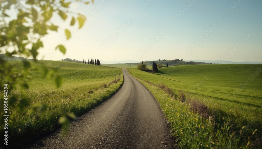 Fototapeta premium Springtime scene of a country road fading into the horizon amid lush farmland, highlighting seasonal planting