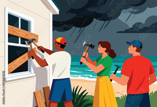 People boarding up windows during a storm by the sea