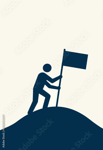 A stylized figure plants a flag atop a mound, signifying achievement