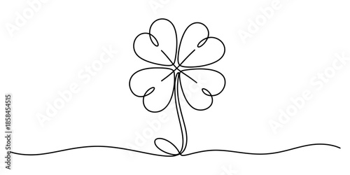 Minimalist continuous line art drawing of a lucky four-leaf clover on a white background