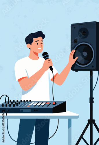Person holds microphone near soundboard and speaker