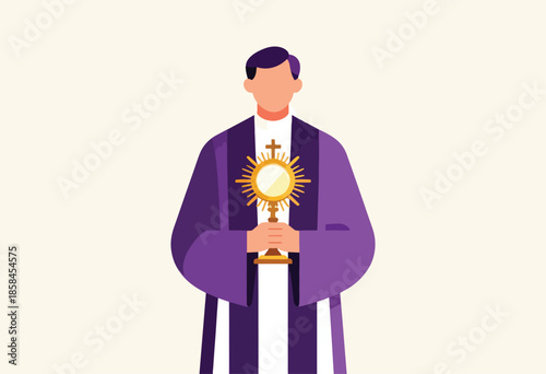 Clergy member in vestments holding a monstrance with a crucifix