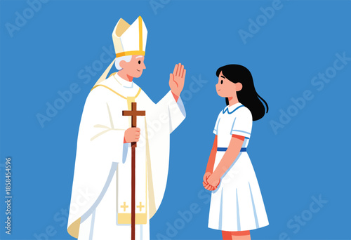 Clergy member in vestments blessing a young girl