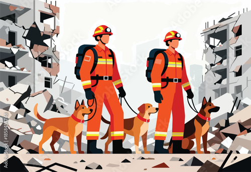 Rescuers in orange suits and helmets with dogs in debris of destroyed buildings