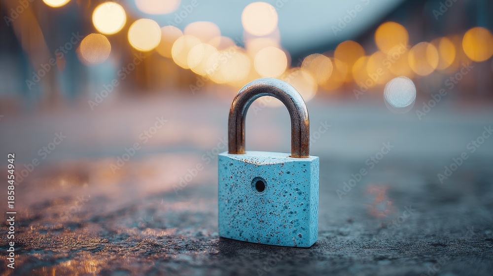 Fototapeta premium Close-up of a teal padlock on a wet, textured surface with blurred lights in the background, creating a soft bokeh effect