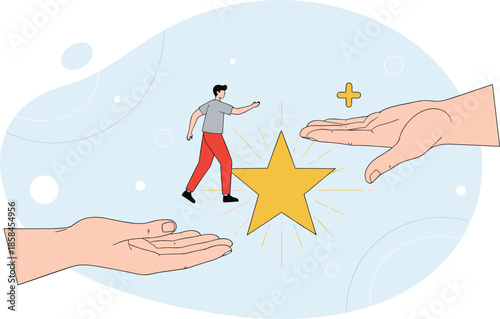 Guidance and mentorship concept with person moving towards star supported by helping hands for successGuidance and mentorship concept with person moving towards star supported by helping hands for suc