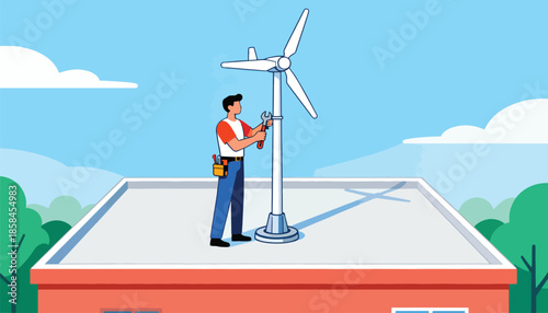 Technician repairing rooftop wind turbine against a blue sky and trees