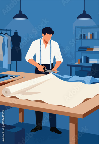 Tailor cutting fabric with scissors at a work table in a studio