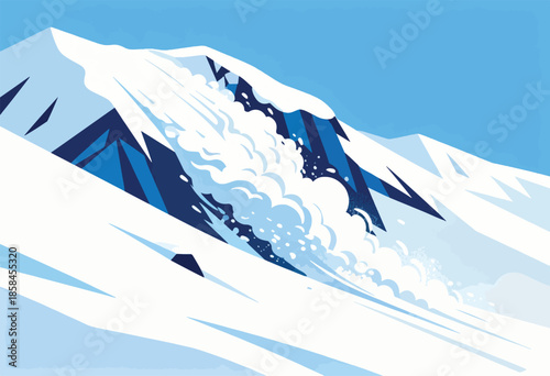 White snow avalanche cascades down a steep, blue-shadowed mountain slope under a bright sky