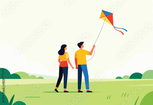 Two people enjoy a sunny day flying a colorful kite in a grassy meadow