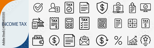 Income tax and financial accounting line icons, business tax vector set