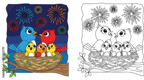 Cute cartoon bird family in nest watching fireworks coloring page Happy animals celebration vector illustration