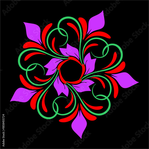 Twisting vines and radiant petals swirl together in vivid neon energy, forming a fiery circle of motion, rhythm, passion—alive forever.