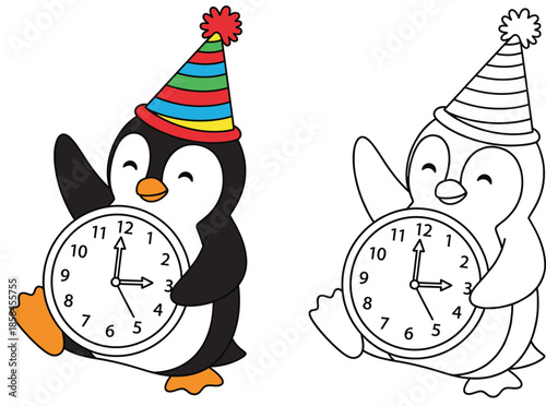 Bild auf Leinwand Cute cartoon penguin holding clock wearing party hat coloring page Happy New Yea