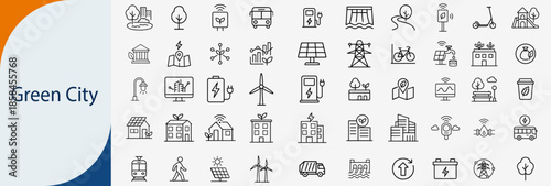green city and eco friendly energy line icons set, vector ecology symbols
