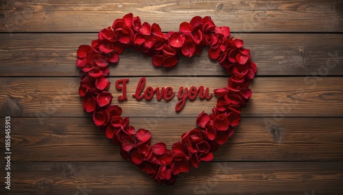 Heart and I love you phrase created from red rose petals arranged on wood background, ideal for love-themed designs