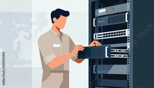 Male technician installs server hardware into a rack