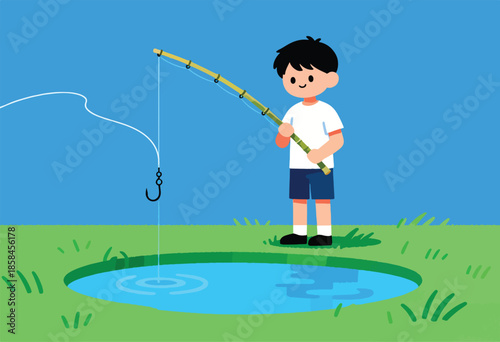 A boy with black hair fishes in a small pond using a bamboo rod