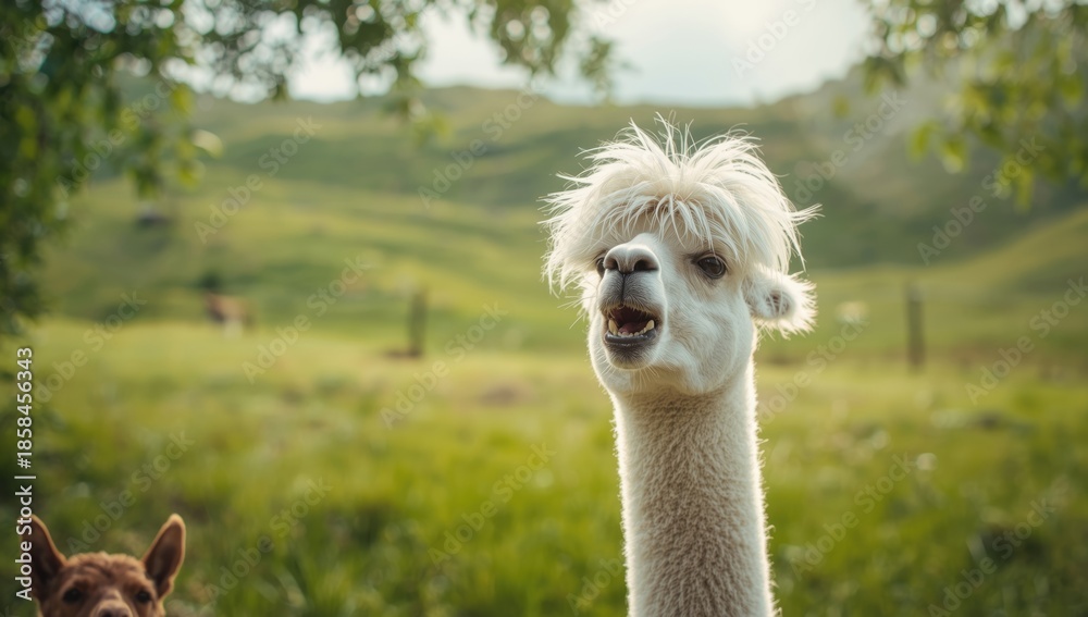 Naklejka premium Alpaca sporting a quirky hairstyle outdoors, highlighting animal grooming and humor, World Animal Day
