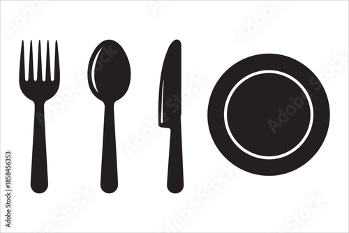 Vector plate , Fork, knife and spoon icons. Tableware set flat style. Dinnerservice collection.