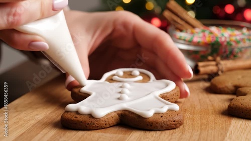 Decorating a Gingerbread Man Cookie With White Icing for Christmas Holiday Baking