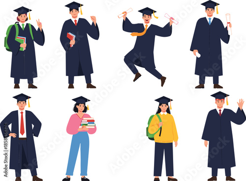 Large collection of diverse graduate students wearing academic caps and gowns holding diplomas and books vector character set