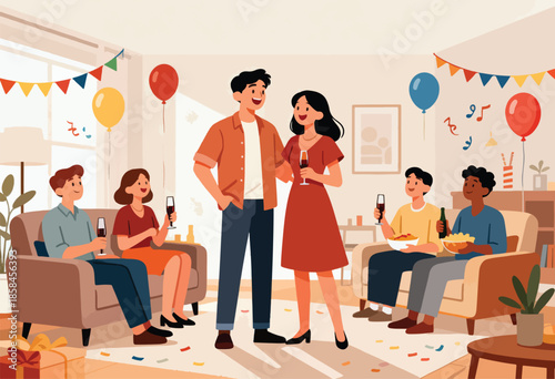 A diverse group of friends enjoying a festive gathering with drinks and snacks