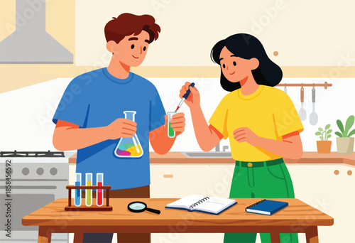 Two young people experimenting with colorful liquids in lab equipment on a table