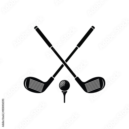a simple black and white illustration depicts two crossed golf clubs and a golf ball on a tee signifying the sport