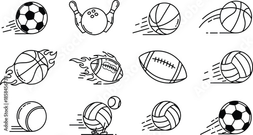 Collection of minimalist black and white sports ball icons featuring soccer basketball football and volleyball with motion lines