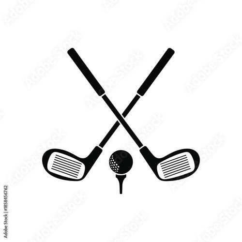 a simple black and white graphic depicts two crossed golf clubs and a golf ball on a tee showcasing the sport