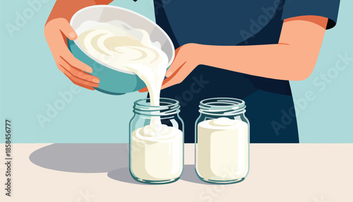 Creamy white substance being poured from bowl into jars