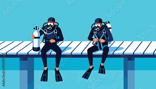 Two divers in full gear sit on a dock above clear blue water