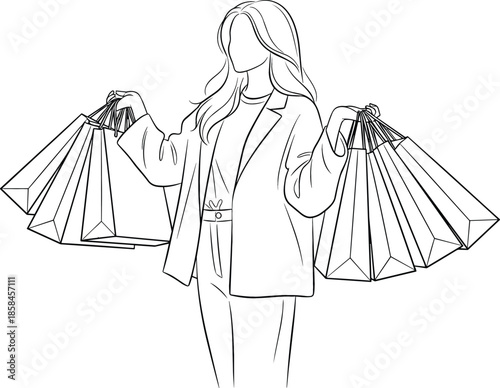 Minimalist black and white line art vector illustration of a fashionable woman carrying multiple paper shopping bags