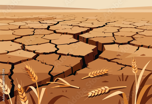 Cracked, dry earth with wilting wheat stalks under a barren sky