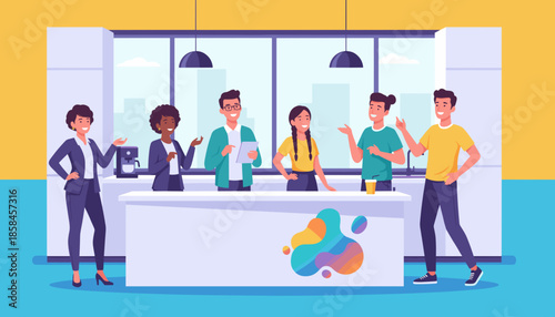 Colleagues collaborating in a contemporary office kitchen setting