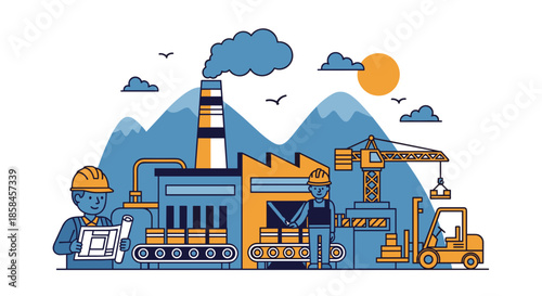 Industrial manufacturing vector illustration Factory engineer and worker on production line with crane and forklift