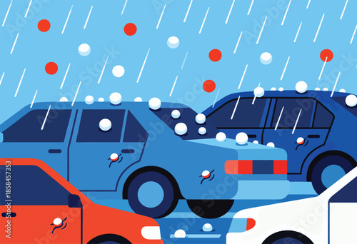 Red and blue cars parked on street under heavy rain and hail