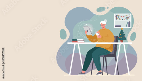 Senior woman uses tablet and phone embracing digital connectivity during the holiday season