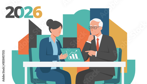 Business team planning 2026 strategy analyzing growth data and financial success