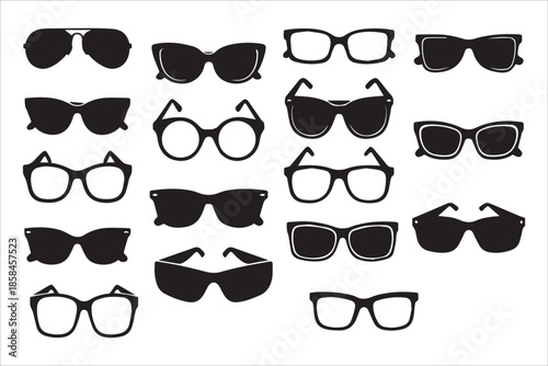 Vector  Various shapes glasses icons set ,Vector glasses model icons. Sunglasses, glasses, isolated on white background. Silhouettes.