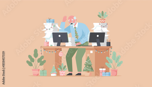 Senior worker stressed by massive paper piles and holiday deadlines in a festive office